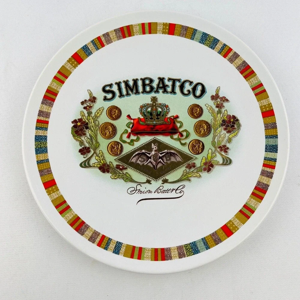 Pottery Barn Simbatco Fireside Club 2 Salad Plate Lot Bat Cigar‎ Box Stripe Trim